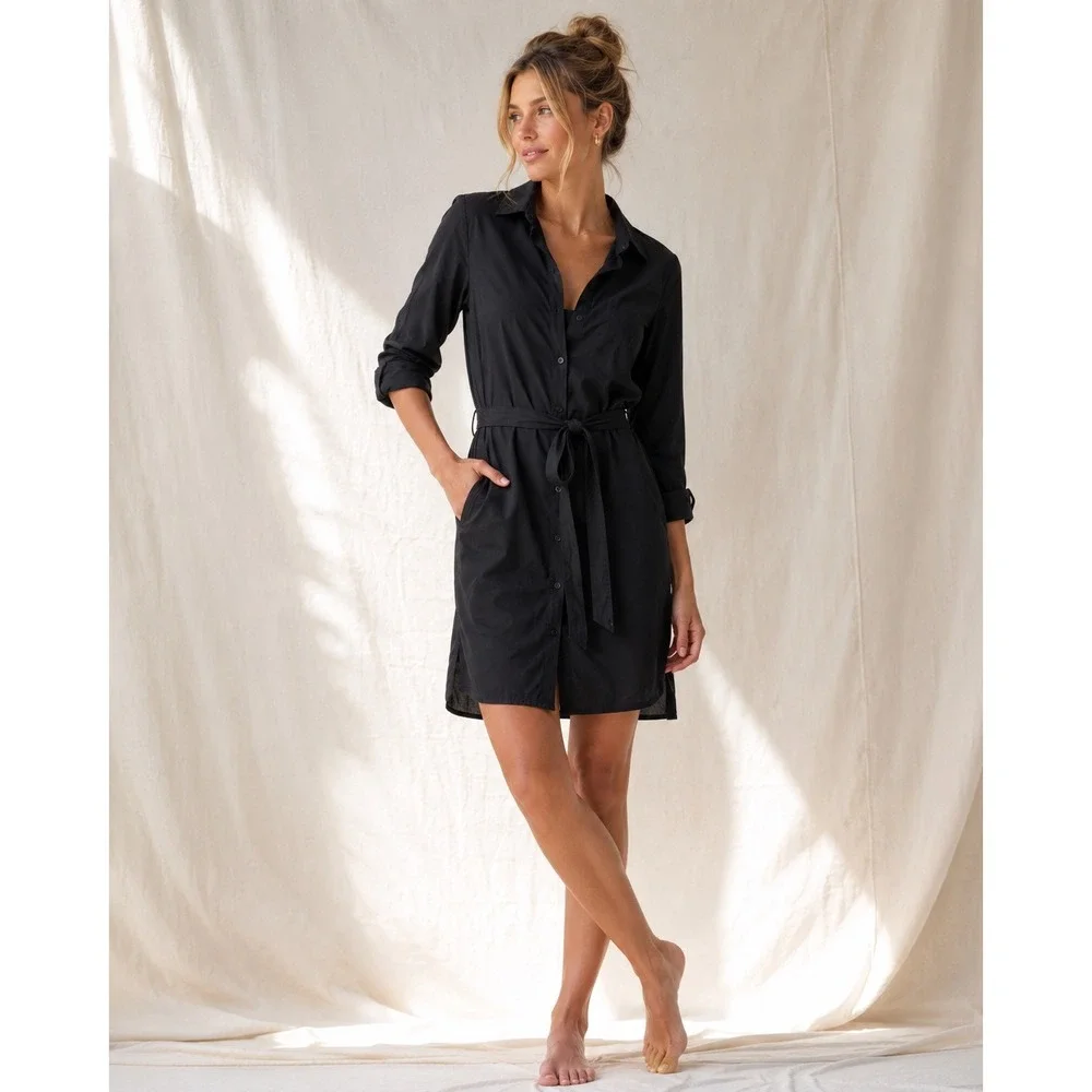 Icebreaker Destiny Shirt Dress Womens S Black Merino Wool Blend Roll Tab Belted
